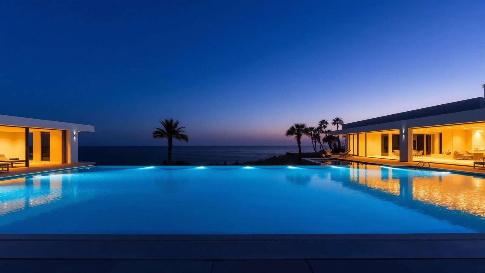 Kerala villa at dusk beside an illuminated infinity pool