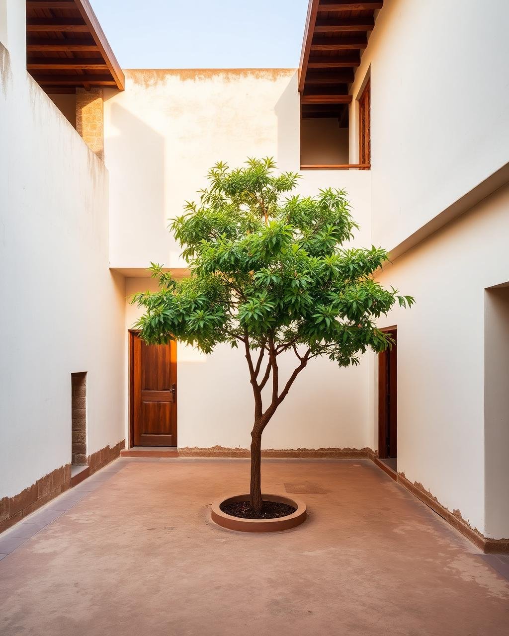 Sunlit courtyard with a mature tree inside a Kerala home