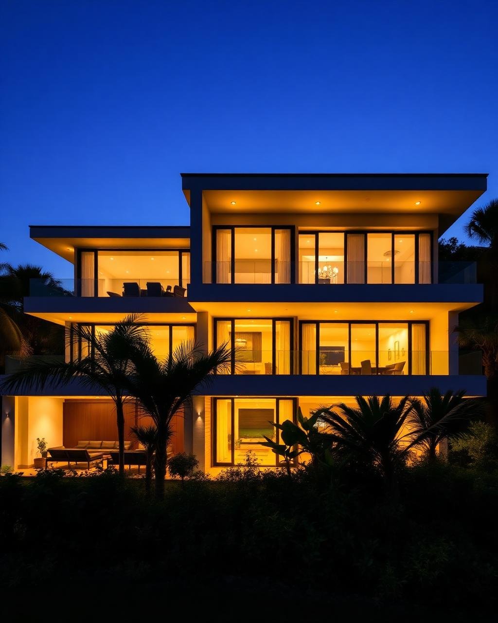 Modern Kerala home glowing at dusk, glass balconies lit from within